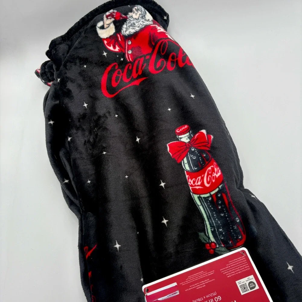 Coca Cola Velvet Soft Throw Blanket Santa Claus Christmas Bottle Bow Black 60x70